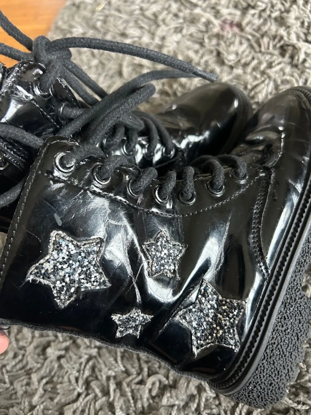 Toddler Girl Black Patent Lace-Up Star Combat Boots Size 26